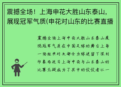 震撼全场！上海申花大胜山东泰山，展现冠军气质(申花对山东的比赛直播)